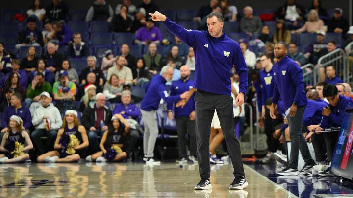 Dec 22, 2025; Seattle, Washington, USA; Washington Huskies head coach Danny Sprinkle during the second half against the San Diego Toreros at Alaska Airlines Arena at Hec Edmundson Pavilion. Mandatory Credit: Steven Bisig-Imagn Images