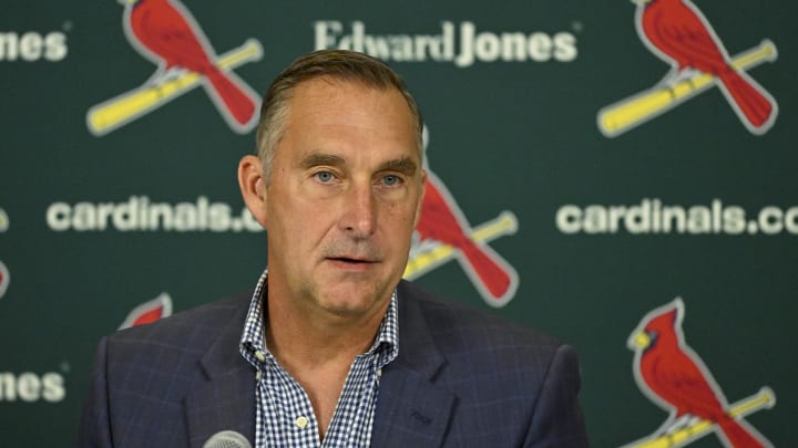 Aug 1, 2023; St. Louis, Missouri, USA;  St. Louis Cardinals president of baseball operations John Mozeliak talks with the media after the Cardinals traded shortstop Paul DeJong (11) and starting pitcher Jack Flaherty (22) before a game against the Minnesota Twins at Busch Stadium. Mandatory Credit: Jeff Curry-USA TODAY Sports