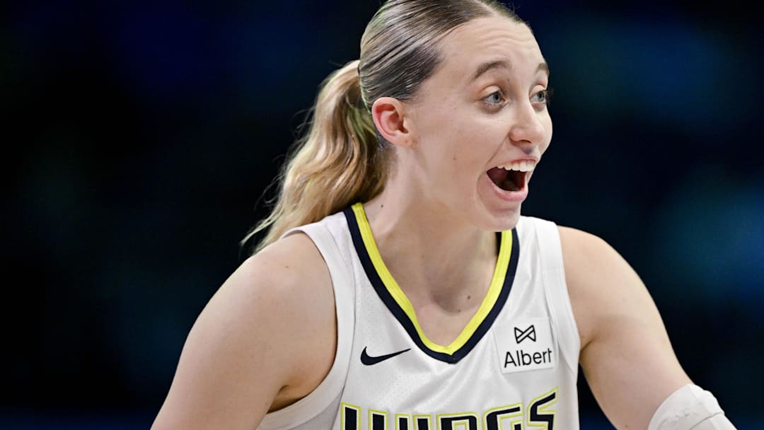 Sep 11, 2025; Arlington, Texas, USA; Dallas Wings guard Paige Bueckers (5) celebrates during the second half against the Phoenix Mercury at College Park Center. Mandatory Credit: Jerome Miron-Imagn Images