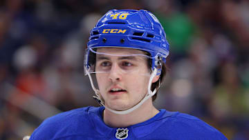 Mar 15, 2025; Buffalo, New York, USA;  Buffalo Sabres center Tyson Kozak (48) waits for the face-off during the third period against the Vegas Golden Knights at KeyBank Center. Mandatory Credit: Timothy T. Ludwig-Imagn Images