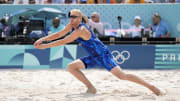 Aug 2, 2024; Paris, France; Chase Budinger (USA) sets in a match against Spain during the Paris 2024 Olympic Summer Games at Eiffel Tower Stadium