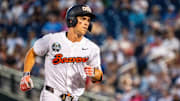 Jun 15, 2025; Omaha, Neb, USA; Oregon State Beavers left fielder Gavin Turley (1) rounds third after hitting a solo home run against the Coastal Carolina Chanticleers during the ninth inning at Charles Schwab Field. Mandatory Credit: Dylan Widger-Imagn Images