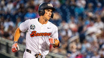 Jun 15, 2025; Omaha, Neb, USA; Oregon State Beavers left fielder Gavin Turley (1) rounds third after hitting a solo home run against the Coastal Carolina Chanticleers during the ninth inning at Charles Schwab Field. Mandatory Credit: Dylan Widger-Imagn Images