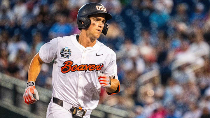 Jun 15, 2025; Omaha, Neb, USA; Oregon State Beavers left fielder Gavin Turley (1) rounds third after hitting a solo home run against the Coastal Carolina Chanticleers during the ninth inning at Charles Schwab Field. Mandatory Credit: Dylan Widger-Imagn Images Jun 15, 2025; Omaha, Neb, USA; Oregon State Beavers left fielder Gavin Turley (1) rounds third after hitting a solo home run against the Coastal Carolina Chanticleers during the ninth inning at Charles Schwab Field. Mandatory Credit: Dylan Widger-Imagn Images