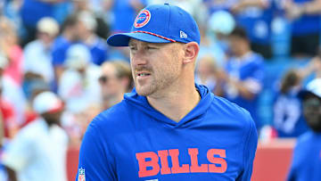 Aug 9, 2025; Orchard Park, New York, USA; Buffalo Bills offensive coordinator Joe Brady on the field before a game against the New York Giants at Highmark Stadium.