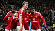 Rasmus Højlund (center) will lead the line for Manchester United against Lyon.