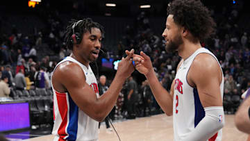 Dec 26, 2024; Sacramento, California, USA; Detroit Pistons guard Jaden Ivey (23) and guard Cade Cunningham (2) celebrate after the win against the Sacramento Kings at Golden 1 Center. Mandatory Credit: Kelley L Cox-Imagn Images