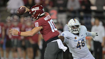 Sep 20, 2024; Pullman, Washington, USA; Washington State Cougars quarterback John Mateer (10) avoids San Jose State Spartans defensive lineman Dejon Roney (48) in the first half at Gesa Field at Martin Stadium. Mandatory Credit: James Snook-Imagn Images
