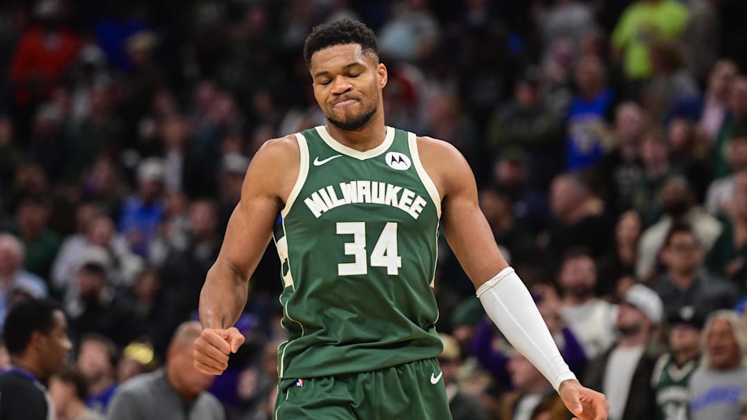 Nov 1, 2025; Milwaukee, Wisconsin, USA; Milwaukee Bucks forward Giannis Antetokounmpo (34) reacts after missing a shot late in the fourth quarter against the Sacramento Kings at Fiserv Forum. Mandatory Credit: Benny Sieu-Imagn Images