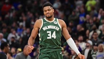 Nov 1, 2025; Milwaukee, Wisconsin, USA; Milwaukee Bucks forward Giannis Antetokounmpo (34) reacts after missing a shot late in the fourth quarter against the Sacramento Kings at Fiserv Forum. Mandatory Credit: Benny Sieu-Imagn Images