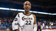 Las Vegas Aces forward A'ja Wilson walks off the court during a game in 2023.
