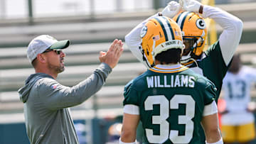 Jun 11, 2025; Green Bay, WI, USA;  Green Bay Packers head coach Matt LaFleur participates in the team's minicamp at Ray Nitschke Field. Mandatory Credit: Benny Sieu-Imagn Images