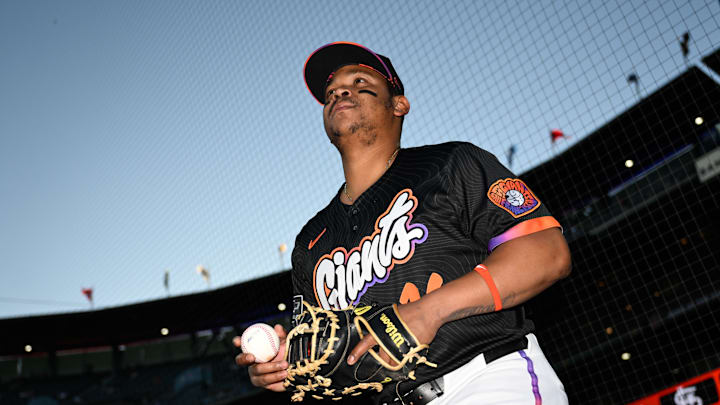 Sep 23, 2025; San Francisco, California, USA; San Francisco Giants first baseman Rafael Devers (16) takes the field before their game against the St. Louis Cardinals at Oracle Park. Mandatory Credit: Eakin Howard-Imagn Images