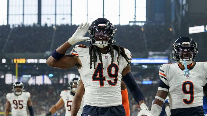 Chicago Bears linebacker Tremaine Edmunds (49) celebrates after making an interception Sunday, Sept. 22, 2024, during a game against the Indianapolis Colts at Lucas Oil Stadium in Indianapolis.