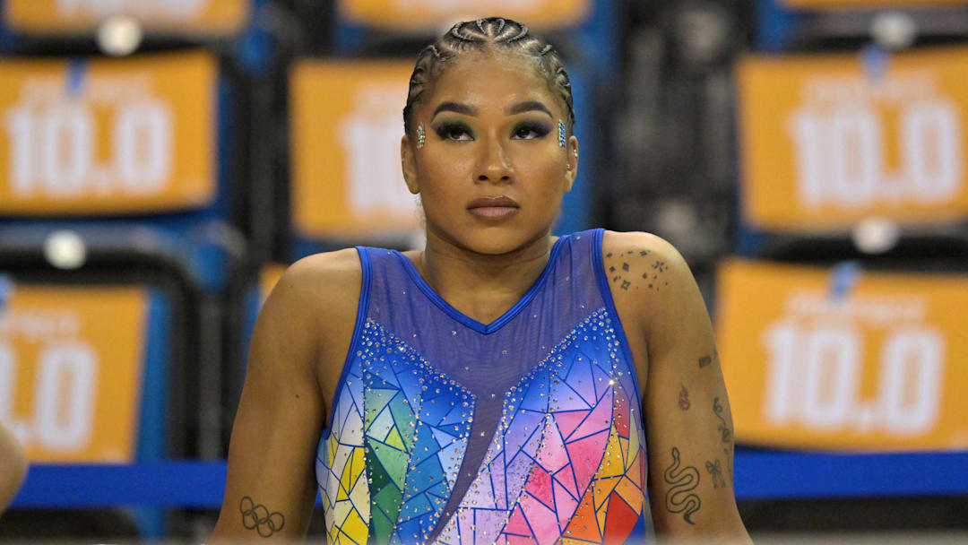 Jan 30, 2026; Los Angeles, CA, USA;  UCLA Bruins Jordan Chiles looks on as she warms up prior to the gymnastics meet against the Washington Huskies at Pauley Pavilion.