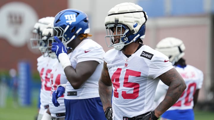 Jul 25, 2024; East Rutherford, NY, USA; New York Giants linebacker Tomon Fox (45) looks on during training camp at Quest Diagnostics Training Center. Jul 25, 2024; East Rutherford, NY, USA; New York Giants linebacker Tomon Fox (45) looks on during training camp at Quest Diagnostics Training Center.