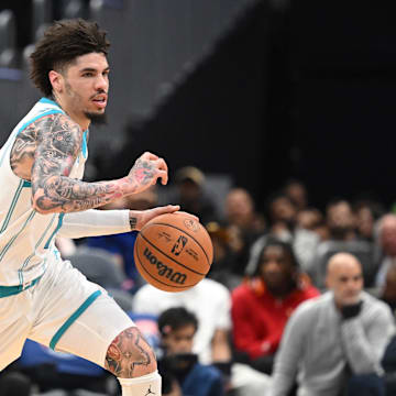 Oct 26, 2025; Washington, District of Columbia, USA; Charlotte Hornets guard LaMelo Ball (1) dribbles the ball against the Washington Wizards during the third quarter at Capital One Arena. Mandatory Credit: Rafael Suanes-Imagn Images
