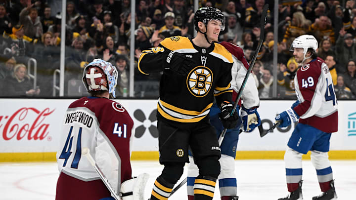 Jan 25, 2025; Boston, Massachusetts, USA; Boston Bruins center Morgan Geekie (39) reacts after scoring a goal on Colorado Avalanche goaltender Scott Wedgewood (41) during the third period at the TD Garden. Mandatory Credit: Brian Fluharty-Imagn Images