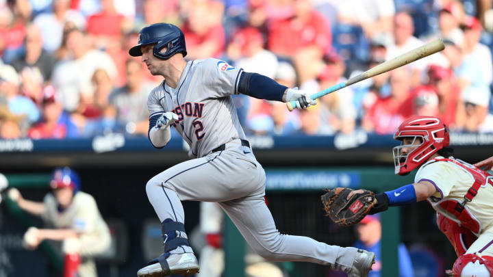 Aug 28, 2024; Philadelphia, Pennsylvania, USA; Houston Astros infielder Alex Bregman (2) hits a single against the Philadelphia Phillies in the third inning at Citizens Bank Park.