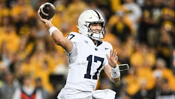 Oct 18, 2025; Iowa City, Iowa, USA; Penn State Nittany Lions quarterback Ethan Grunkemeyer (17) throws a pass against the Iowa Hawkeyes during the first quarter at Kinnick Stadium. Mandatory Credit: Jeffrey Becker-Imagn Images
