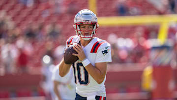Sep 29, 2024; Santa Clara, California, USA; New England Patriots quarterback Drake Maye (10) during warmups before the game against the San Francisco 49ers at Levi's Stadium. Mandatory Credit: Neville E. Guard-Imagn Images