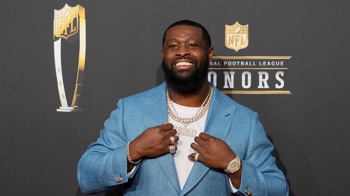 Feb 8, 2024; Las Vegas, NV, USA; Terron Armstead on the red carpet before the NFL Honors show at Resorts World Theatre. Mandatory Credit: Kirby Lee-Imagn Images