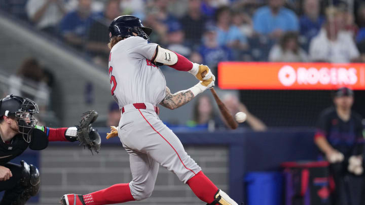 Boston Red Sox left fielder Jarren Duran (16) hits an RBI single against the Toronto Blue Jays during the sixth inning at Rogers Centre on June 19.
