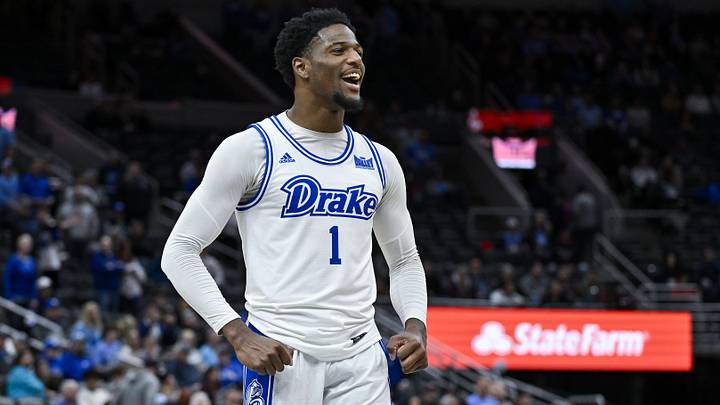 Mar 10, 2024; St. Louis, MO, USA;  Drake Bulldogs guard Kevin Overton (1) reacts after a call