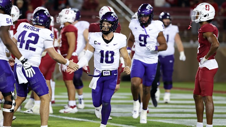 Aug 30, 2024; Stanford, California, USA; TCU Horned Frogs quarterback Josh Hoover (10) celebrates with teammates after a touchdown during the fourth quarter against the Stanford Cardinal at Stanford Stadium. Mandatory Credit: Sergio Estrada-Imagn Images