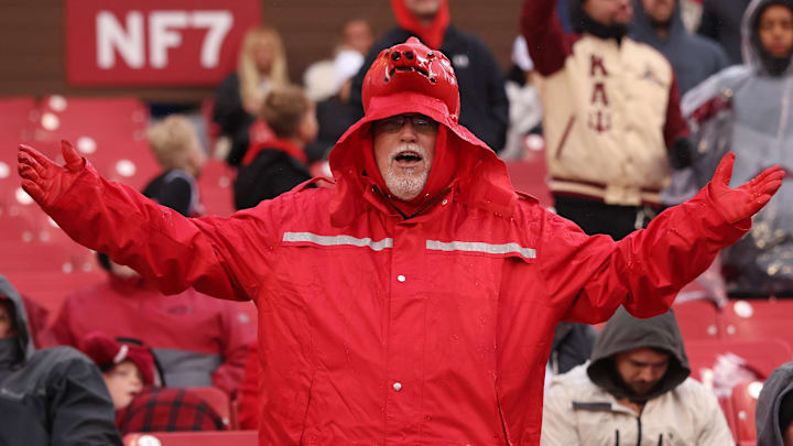 Nov 29, 2025; Fayetteville, Arkansas, USA; Arkansas Razorbacks fan reacts to a call during the second quarter against the Missouri Tigers at Donald W. Reynolds Razorback Stadium. Mandatory Credit: Nelson Chenault-Imagn Images
