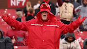 Arkansas Razorbacks fan reacts to a call during the second quarter against the Missouri Tigers at Donald W. Reynolds Razorback Stadium.