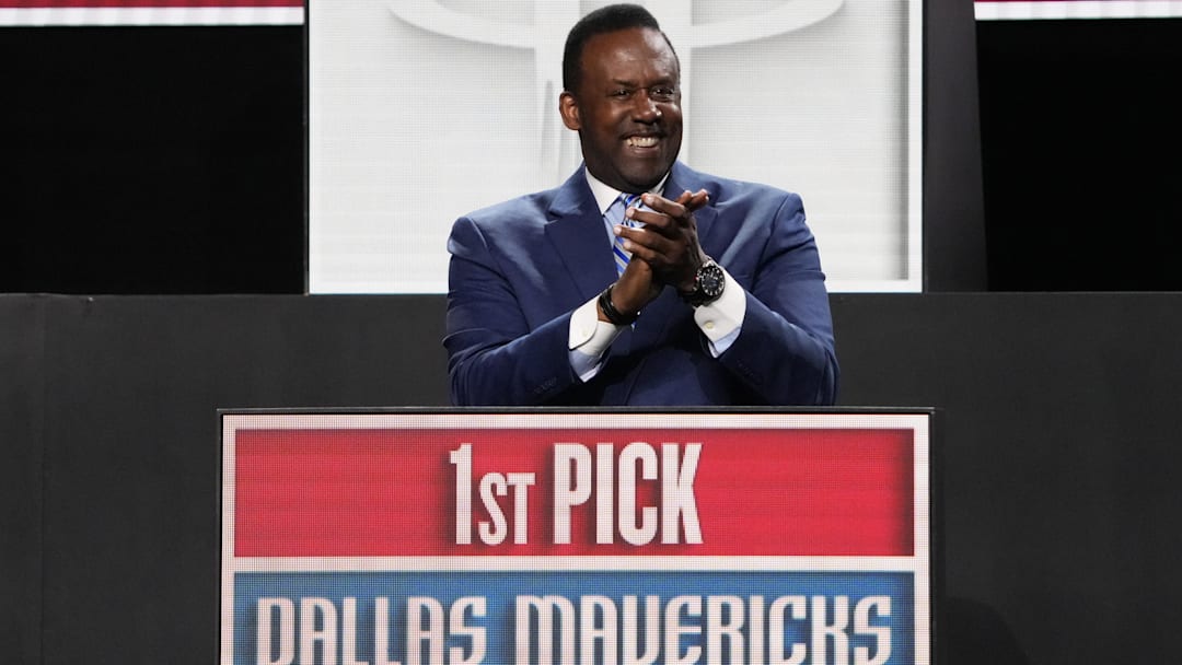 May 12, 2025; Chicago, Illinois, US; Rolando Blackman of the Dallas Mavericks reacts after winning the the first pick during the 2025 NBA Draft Lottery at McCormick Place. Mandatory Credit: David Banks-Imagn Images