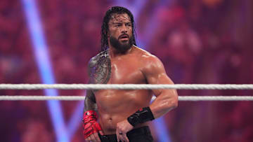 Jan 27, 2024; St. Petersburg, FL, USA; Roman Reigns reacts during the WWE Undisputed Championship match at the Royal Rumble at Tropicana Field. 
