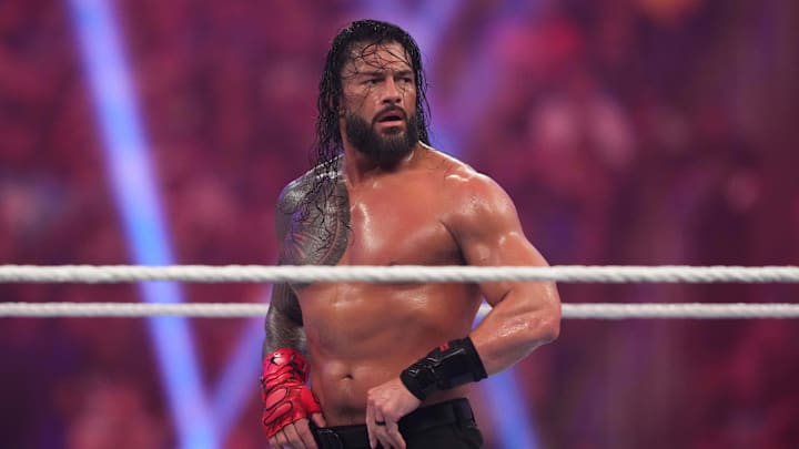 Jan 27, 2024; St. Petersburg, FL, USA; Roman Reigns reacts during the WWE Undisputed Championship match at the Royal Rumble at Tropicana Field. Jan 27, 2024; St. Petersburg, FL, USA; Roman Reigns reacts during the WWE Undisputed Championship match at the Royal Rumble at Tropicana Field.
