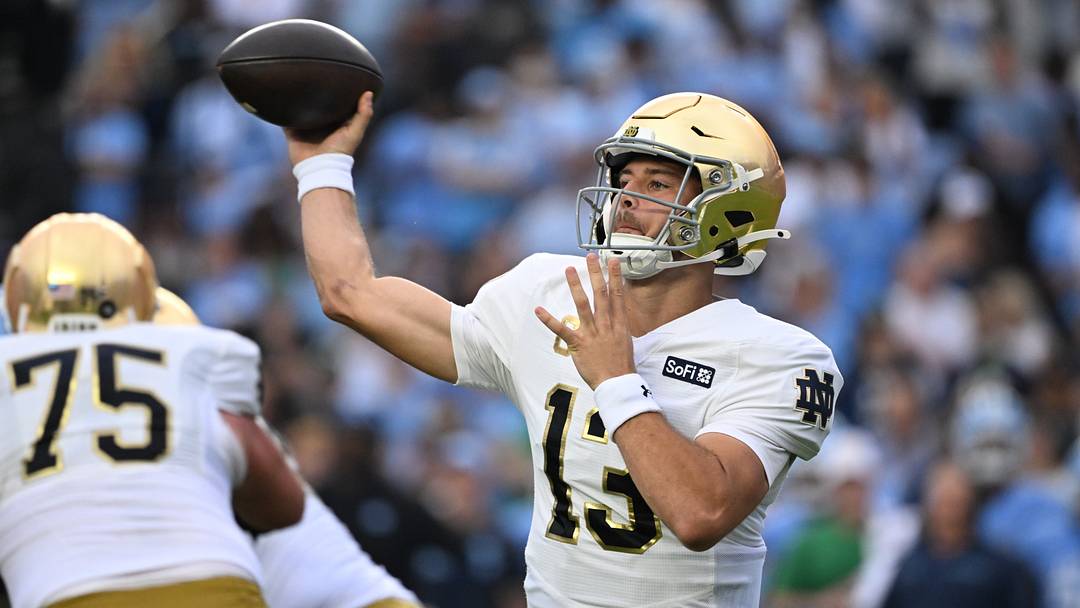 Oct 3, 2026; Chapel Hill, North Carolina, USA; Notre Dame Fighting Irish quarterback CJ Carr (13) passes the ball in the first quarter at Kenan Stadium. Mandatory Credit: Bob Donnan-Imagn Images