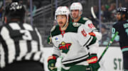 Mar 4, 2025; Seattle, Washington, USA; Minnesota Wild center Frederick Gaudreau (89) reacts to scoring a goal against the Seattle Kraken during the second period at Climate Pledge Arena. Mandatory Credit: Steven Bisig-Imagn Images