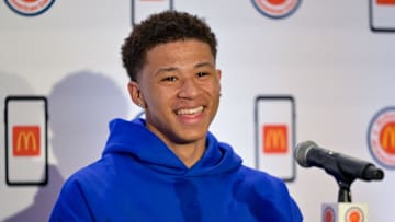 Apr 1, 2024; Houston, TX, USA; McDonald's All American West forward Carter Bryant speaks during a press conference at JW Marriott Houston by The Galleria. Mandatory Credit: Maria Lysaker-Imagn Images