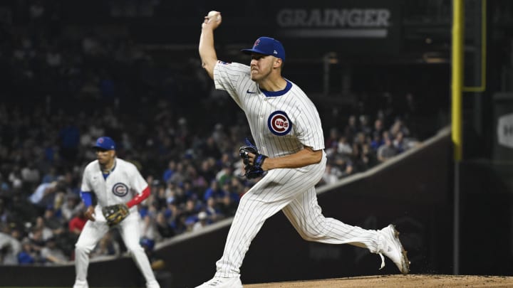 Jul 23, 2024; Chicago, Illinois, USA;  Chicago Cubs pitcher Jameson Taillon (50) delivers against the Milwaukee Brewers during the first inning at Wrigley Field.