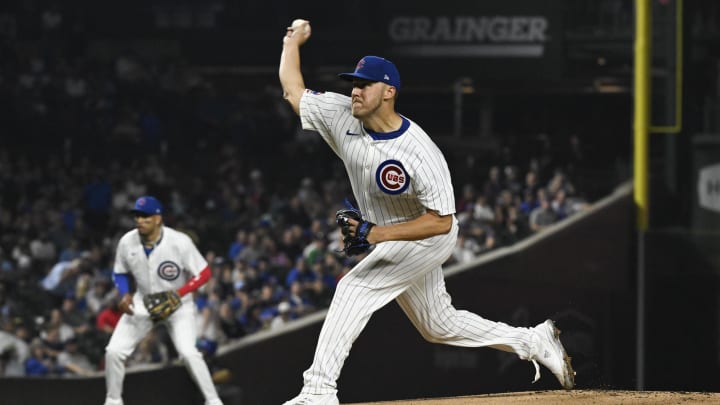 Jul 23, 2024; Chicago, Illinois, USA;  Chicago Cubs pitcher Jameson Taillon (50) delivers against the Milwaukee Brewers during the first inning at Wrigley Field. 