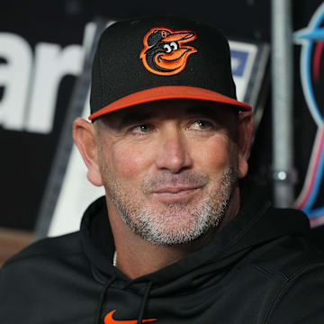 Jul 24, 2024; Miami, Florida, USA;  Baltimore Orioles manager Brandon Hyde (18) before a game against the Miami Marlins at loanDepot Park