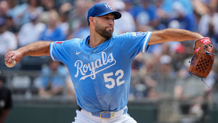 Sep 21, 2025; Kansas City, Missouri, USA; Kansas City Royals starting pitcher Michael Wacha (52) delivers a pitch against the Toronto Blue Jays during the first inning at Kauffman Stadium. Mandatory Credit: Denny Medley-Imagn Images