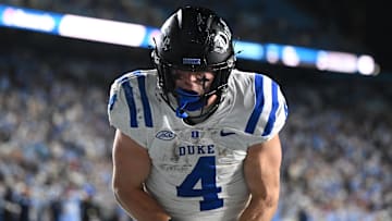 Nov 22, 2025; Chapel Hill, North Carolina, USA; Duke Blue Devils running back Anderson Castle (4) celebrates after a touchdown during the second half at Kenan Stadium. Mandatory Credit: William Howard-Imagn Images