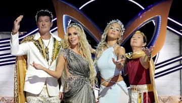 THE MASKED SINGER: L-R Robin Thicke, Jenny McCarthy-Wahlberg, Rita Ora, and Ken Jeong in the THE MASKED SINGER episode “Voices of Olympus” airing Wednesday, March 5 (8:00-9:02 PM ET/PT) on FOX. CR: Michael Becker. ©2025 FOX Media LLC.