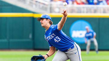 Jun 19, 2024; Omaha, NE, USA; Kentucky Wildcats pitcher Jackson Nove (43) pitches against the Florida Gators during the fifth inning at Charles Schwab Field Omaha. Mandatory Credit: Dylan Widger-Imagn Images