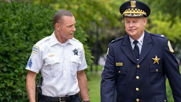 CHICAGO P.D. -- "Consequences" Episode 1301 -- Pictured: (l-r) Jason Beghe as Hank Voight, Joel Murray as Commander Devlin -- 