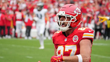 Sep 14, 2025; Kansas City, Missouri, USA; Kansas City Chiefs tight end Travis Kelce (87) celebrates after a play against the Philadelphia Eagles during the second quarter of the game at GEHA Field at Arrowhead Stadium. Mandatory Credit: Denny Medley-Imagn Images