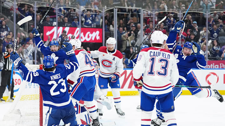 Oct 8, 2025; Toronto, Ontario, CAN; Toronto Maple Leafs defenseman Morgan Rielly (44) celebrates after scoring goal against the Montreal Canadiens during the third period at Scotiabank Arena. Mandatory Credit: Nick Turchiaro-Imagn Images