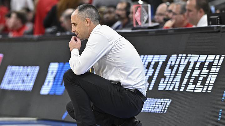 Mar 26, 2026; Houston, TX, USA; Iowa Hawkeyes head coach Ben McCollum looks on in the first half against the Nebraska Cornhuskers during a Sweet Sixteen game of the South Regional of the men's 2026 NCAA Tournament at Toyota Center. Mandatory Credit: Maria Lysaker-Imagn Images