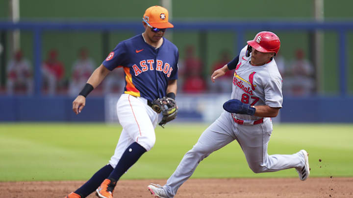 Mar 5, 2025; West Palm Beach, Florida, USA; St. Louis Cardinals left feilder JJ Wetherholt (87) rounds second base against the Houston Astros during the second inning at CACTI Park of the Palm Beaches. Mandatory Credit: Rich Storry-Imagn Images