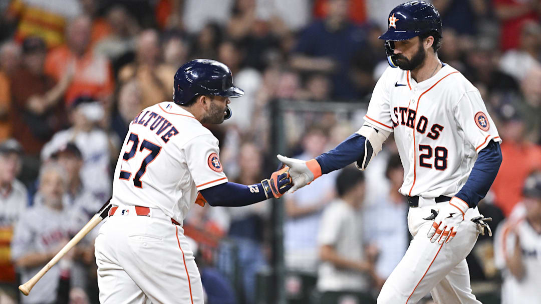 Houston Astros shortstop Braden Shewmake and second baseman Jose Altuve.